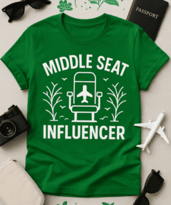 1. Travel-themed green T-shirt with airplane design and "Middle Seat Influencer" text.