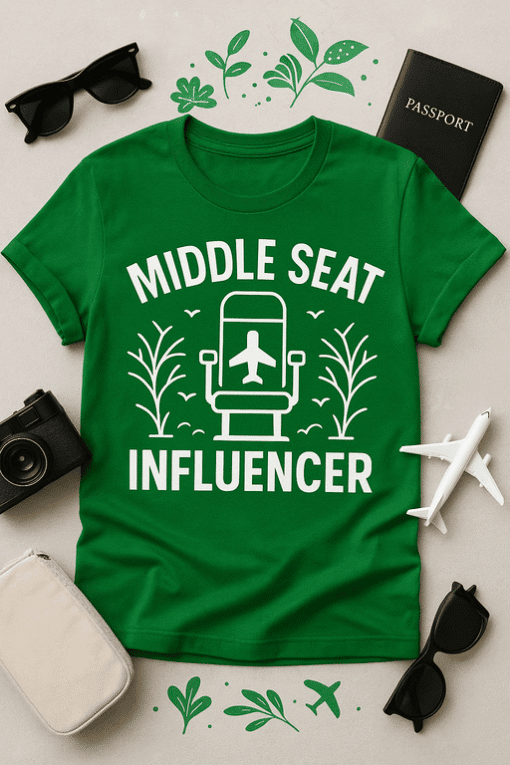 1. Travel-themed green T-shirt with airplane design and "Middle Seat Influencer" text.