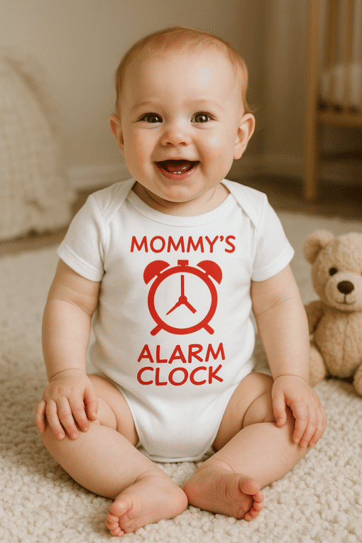 Cute baby wearing a "Mommy’s Alarm Clock" funny T-shirt, perfect for parenting humor, baby gifts, and baby shower apparel.