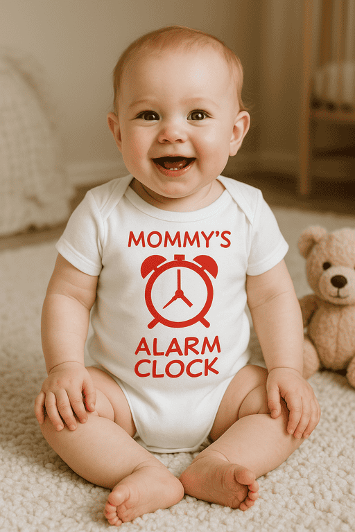 Cute baby wearing a "Mommy’s Alarm Clock" funny T-shirt, perfect for parenting humor, baby gifts, and baby shower apparel.