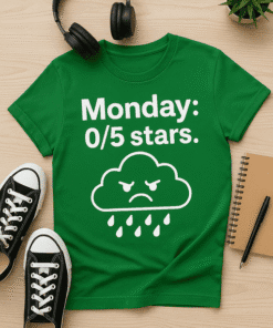 Sad rain cloud graphic t-shirt perfect for Monday motivation, humorous design for casual wear.