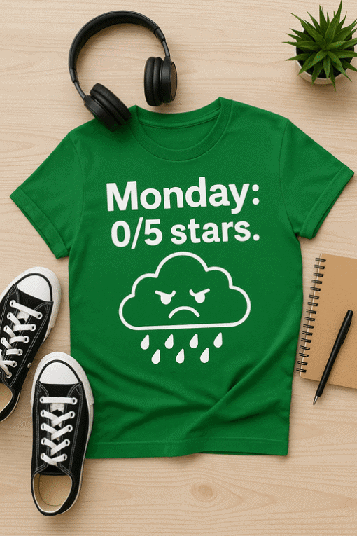 Sad rain cloud graphic t-shirt perfect for Monday motivation, humorous design for casual wear.