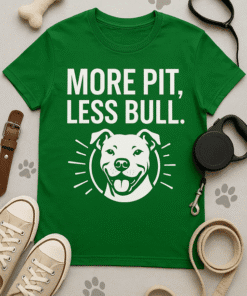 Cute dog-themed graphic T-shirt with the slogan "More Pit, Less Bull," perfect for dog lovers.