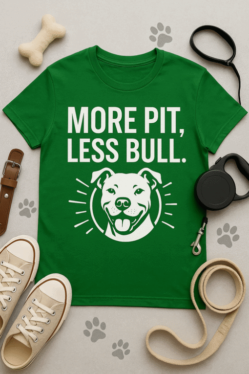 Cute dog-themed graphic T-shirt with the slogan "More Pit, Less Bull," perfect for dog lovers.