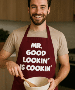 Smiling man wearing chef apron with humorous cooking phrase, kitchen background, promoting fun kitchen apparel.