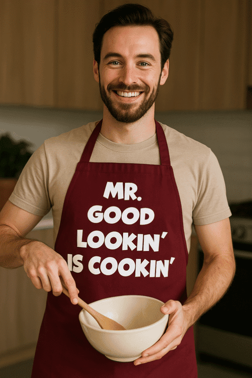 Smiling man wearing chef apron with humorous cooking phrase, kitchen background, promoting fun kitchen apparel.