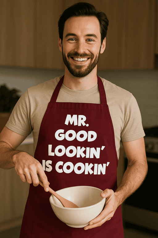 Smiling man wearing chef apron with humorous cooking phrase, kitchen background, promoting fun kitchen apparel.