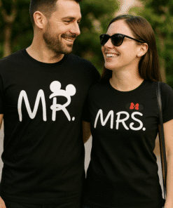 Matching couple shirts with MR and MRS text and Mickey Mouse bow design, perfect for couples and special occasions.
