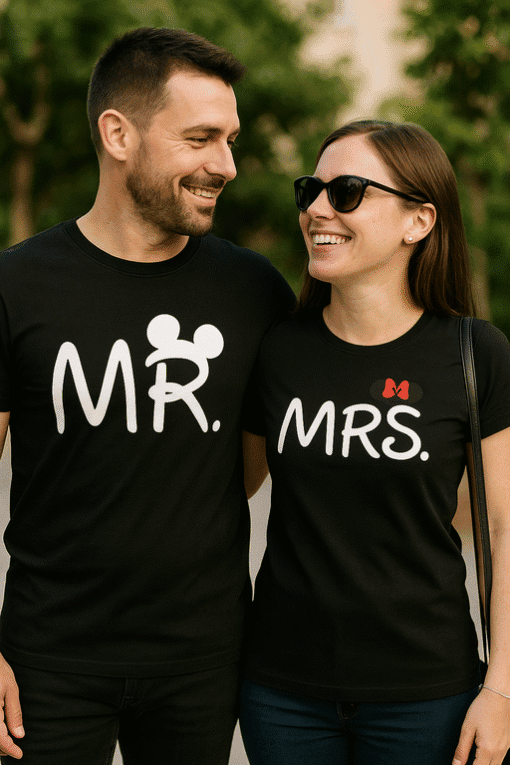 Matching couple shirts with MR and MRS text and Mickey Mouse bow design, perfect for couples and special occasions.