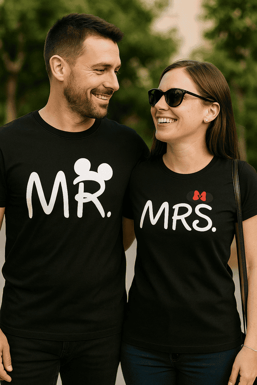 Matching couple shirts with MR and MRS text and Mickey Mouse bow design, perfect for couples and special occasions.
