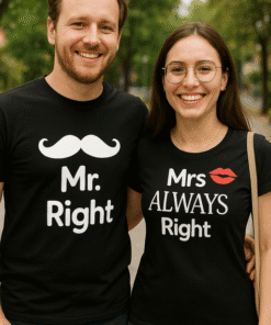 Mustache Mr. Right and Mrs. Always Right funny couple T-shirts for matching outfits and humorous gift ideas.