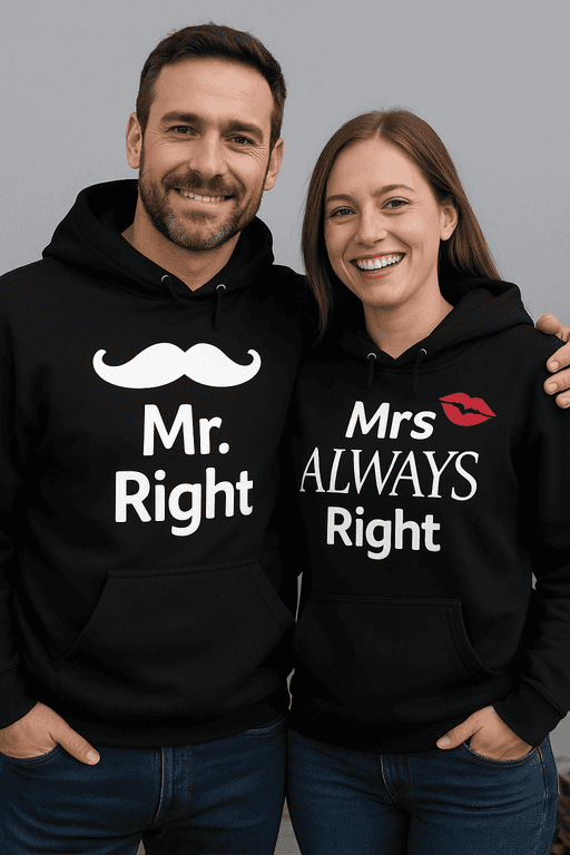 1. Couple wearing matching "Mr. Right" and "Mrs. Always Right" hoodies, funny couple gift idea.