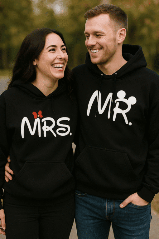 MRS and MR matching hoodie set with Mickey Mouse ears, perfect for couples and romantic gifts.