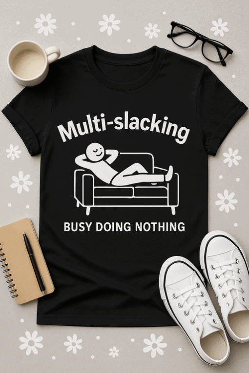 Relaxed casual t-shirt with humorous print about multitasking and laziness, perfect for everyday wear and casual outings.
