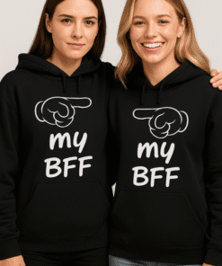 Matching friendship hoodies with "my BFF" design and pointing finger graphic.