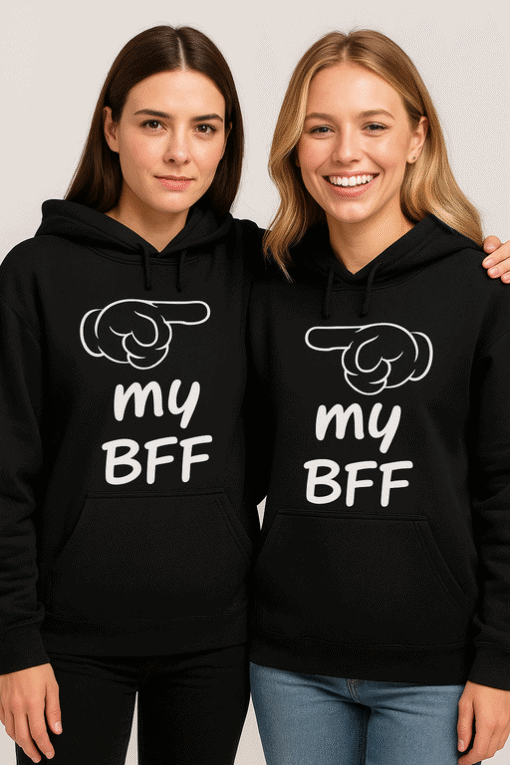 Matching friendship hoodies with "my BFF" design and pointing finger graphic.