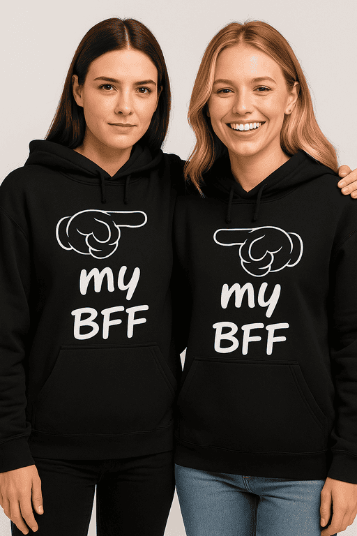 Matching friendship hoodies with "my BFF" design and pointing finger graphic.