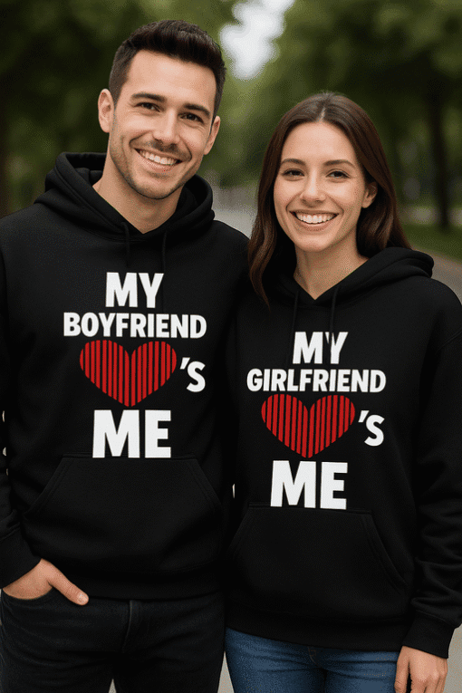 Couple wearing matching "My Boyfriend/Girlfriend Loves Me" hoodies for couple outfits, romantic gift idea.