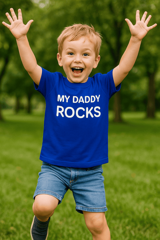 Blue T-shirt for kids with "My Daddy Rocks" slogan, perfect for Father's Day celebrations and family events.