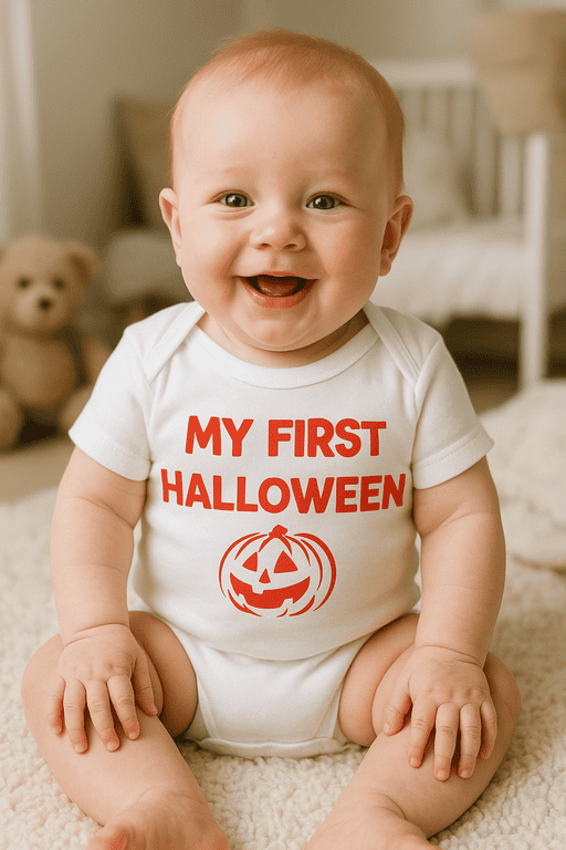 Cute Halloween baby t-shirt with pumpkin graphic and festive message.
