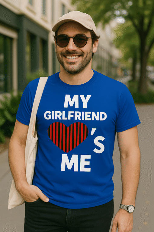My girlfriend's me t-shirt, love heart graphic, casual men's graphic tee, cute couple t-shirt, stylish unisex top.