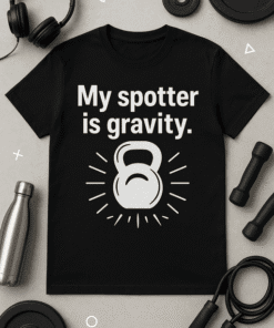 Kettlebell graphic T-shirt for fitness lovers, humorous workout apparel, gym humor shirt, weightlifting T-shirt, fitness humor clothing.