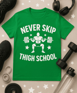 NEVER SKIP THIGH SCHOOL slogan fitness motivational T-shirt.