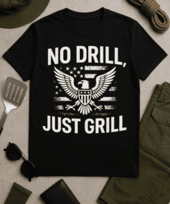 No drill just grill patriotic eagle T-shirt for men, outdoors grilling shirts, American pride casual tee.