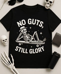 Skeleton skateboard t-shirt with bold graphic design, perfect for stylish streetwear. Unique Halloween or casual fashion choice.