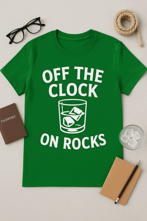 Glass with ice and drink, green T-shirt with humorous print, travel accessories, lifestyle style, casual wear, funny slogans, off the clock motto, T-shirtplease.com, summer fashion.