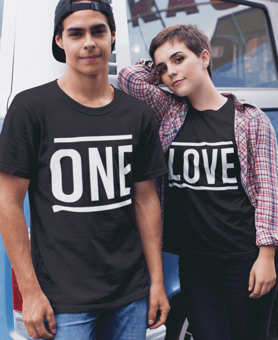 ONE - Couple Wearing Matching Love T-Shirts for Valentine's Day.