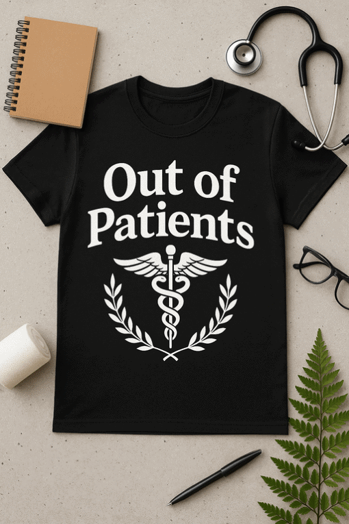 Out of Patients T-shirt with medical caduceus design, perfect for healthcare professionals and medical humor.