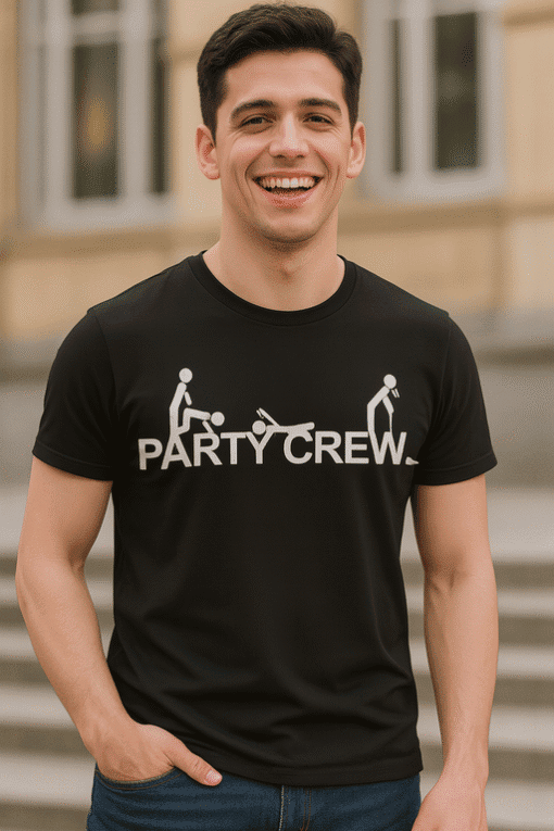Funny party crew t-shirt with skateboarding graphics and text design, perfect for casual outings and events.