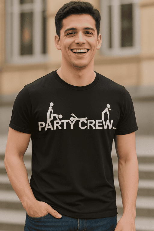 Funny party crew t-shirt with skateboarding graphics and text design, perfect for casual outings and events.