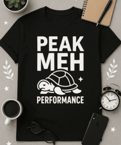 Comfortable black t-shirt with "PEAK MEH PERFORMANCE" and turtle graphic, perfect for casual wear and fans of humorous apparel.