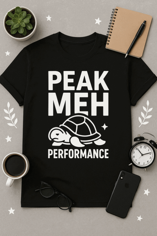 Comfortable black t-shirt with "PEAK MEH PERFORMANCE" and turtle graphic, perfect for casual wear and fans of humorous apparel.
