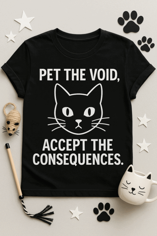 Black T-shirt with cat graphic and humorous quote for pet lovers and humor enthusiasts.