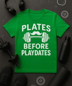 1. Green T-shirt with fitness quote "Plates Before Playdates" and barbell graphic.