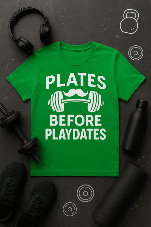 1. Green T-shirt with fitness quote "Plates Before Playdates" and barbell graphic.