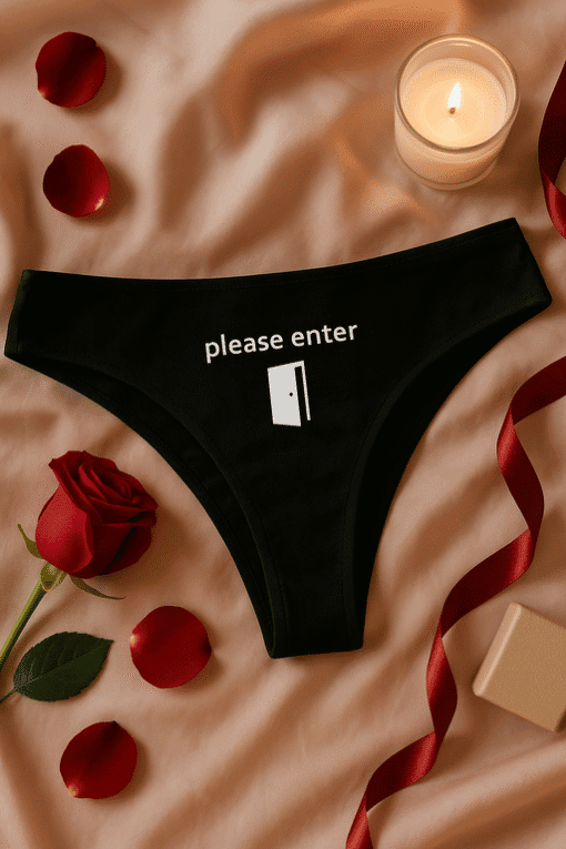 Enter underwear with humorous "please enter" message and door graphic, perfect novelty gift or playful apparel.
