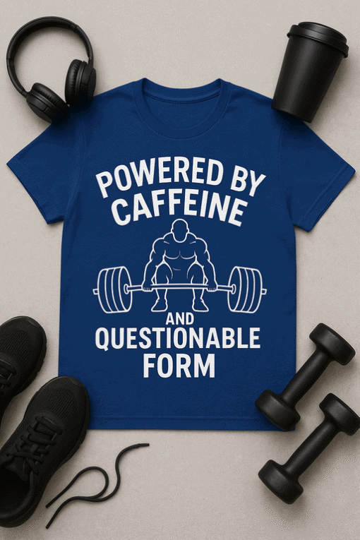 Caffeine fitness t-shirt with barbell graphic, perfect for gym lovers and workout enthusiasts.