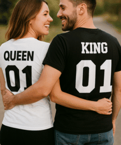 Queen and King matching couple t-shirts, love and relationship apparel, personalized birthday gift.