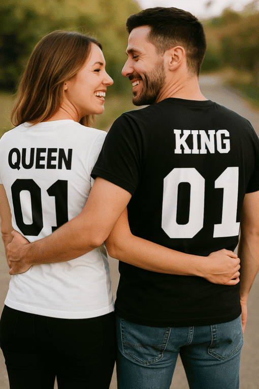 Queen and King matching couple t-shirts, love and relationship apparel, personalized birthday gift.