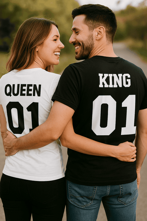 Queen and King matching couple t-shirts, love and relationship apparel, personalized birthday gift.
