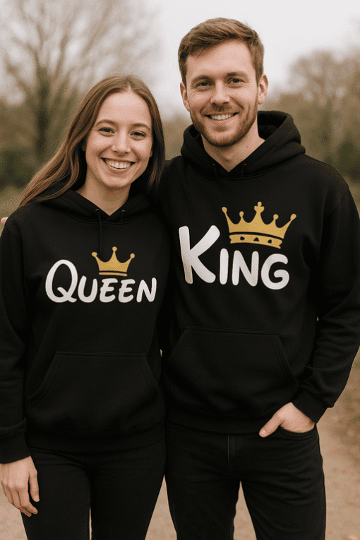 Crown Queen and King matching hoodies for couples, perfect for couples' matching outfits and personalized gifts.