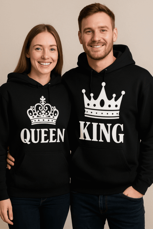 Queen and King matching hoodies for couples, perfect for couples’ matching outfits and themed events.