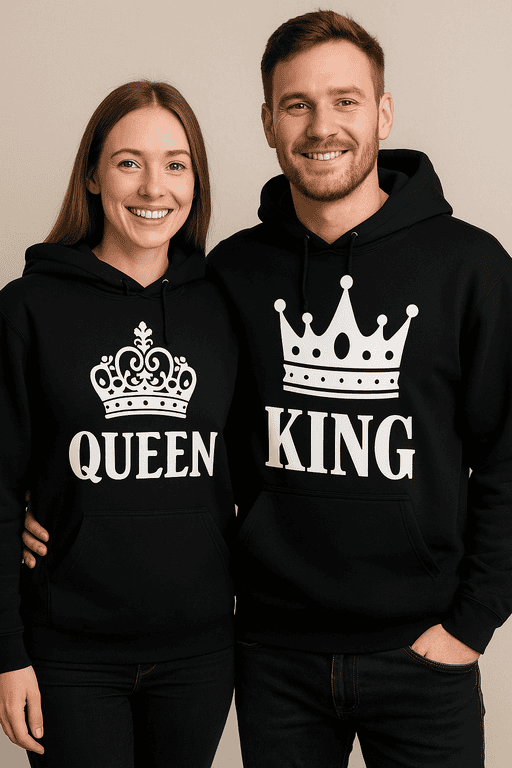 Queen and King matching hoodies for couples, perfect for couples’ matching outfits and themed events.