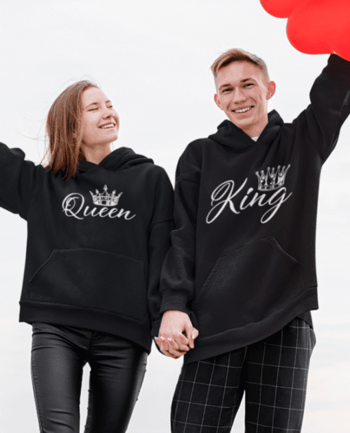 Queen and King couple hoodie set for couples, stylish matching hoodies, romantic gift idea.