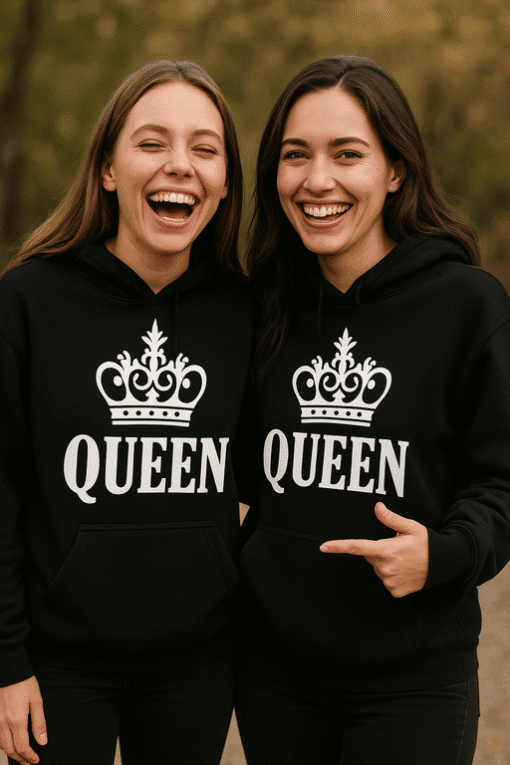 Queen hoodie sweatshirt, stylish unisex casual wear with crown graphic, perfect for everyday comfort and trendy fashion.