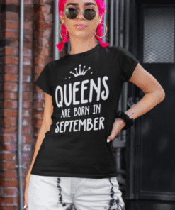 Bold Black Queen T-shirt for September Birthdays, trendy graphic tee, perfect for women’s fall fashion.